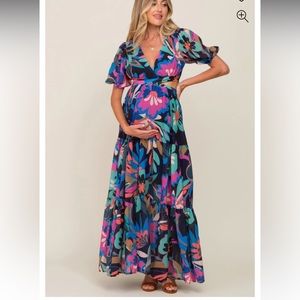 PinkBlush Maternity Dress- Black Floral Multi Color Puff Sleeve dress